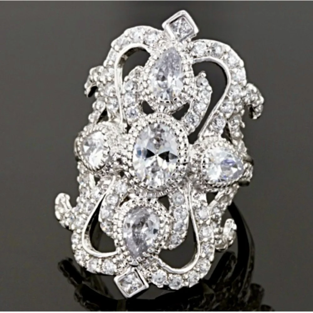 3.8 Carat DEW CZ Cocktail Statement Ring 925 Sterling Silver Rhodium Plated